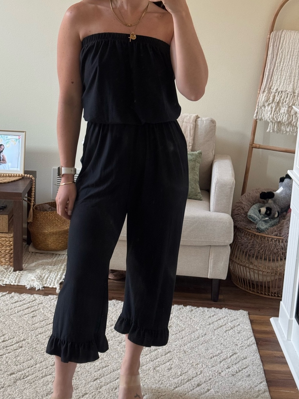 Strapless Black Ruffle-Hem Jumpsuit